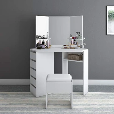 Image of Panana Corner Dressing Table Set Cosmetic Makeup Desk with 5 Drawers 3 Mirror Stool Vanity Dresser Console Bedroom Furniture White