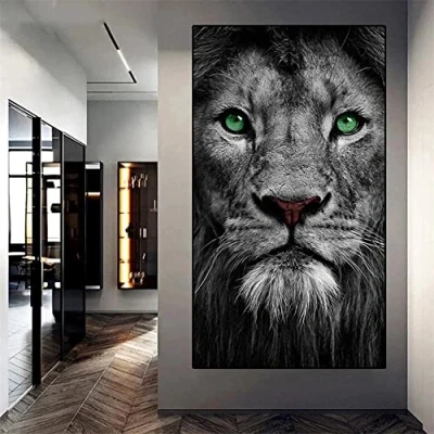 Image of Large 5D DIY Full Round Drill Diamond Art Kits Black and White Lion Face Complete Painting Cross Stitch Crystal Embroidery Rhinestone Craft for Home Wall Decor (40x80cm/16x32in）