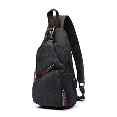 Image of FANDARE New Sling Bag Men Chest Pack with USB Crossbody One Strap Backpack Messenger for Travel Cycling Camping Hiking Waterproof Canvas Black