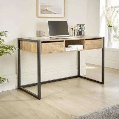 Image of Home Source Toronto Office Workstation 2 Drawer Shelf Storage PC Computer Desk Black Metal Legs, Smoked Oak, 120cm