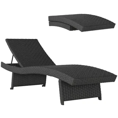 Image of Outsunny Outdoor PE Rattan Sun Lounger, Folding Wicker Garden Lounger Recliner with 4 Level Adjustable Backrest, Rolling Sunbed Lounge Chair Wheels, Non Slip Legs for Balcony, Beach, Black
