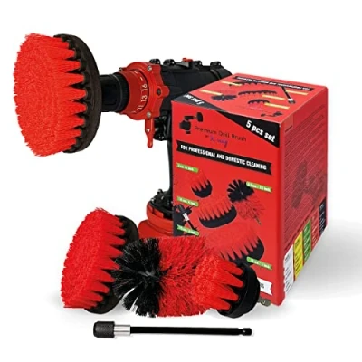 Image of Kornely™ Premium Drill Brush, Stiff, Red, 5pcs. SET. Professional Power Scrubbers.Doesn&#039;t Scratch Surfaces. Suitable for Garage, Brick, Outdoor Tiles, Stone, Fireplace, Rust Removal, Car Rims Cleaning