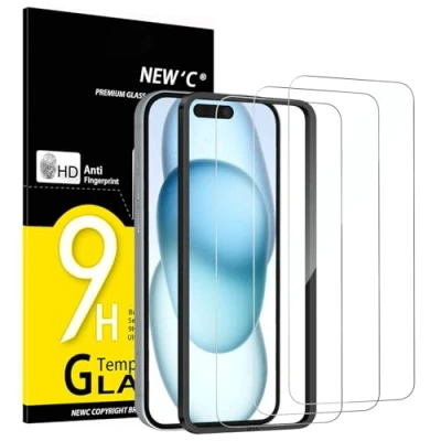 Image of NEW&#039;C 3 Pack Designed for iPhone 16, iPhone15 (6.1 inches) Screen Protector Tempered Glass with easy installation tool included,Case Friendly Ultra Resistant