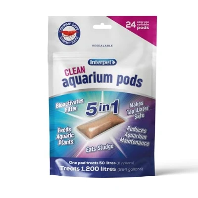 Image of Interpet Clean Aquarium Pods, Makes Tapwater Safe for Fresh Water Fish Tanks, Bioactivates Filters, Eats Sludge, Feeds Plants, Reduces Maintenance, 24 Pack
