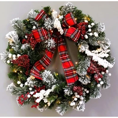 Image of Prelit Battery Operated Christmas Wreath 60cm Decorated with Tartan Ribbons, Berries, Froste Tips Front Door Room Wall Home Hanging Xmas Decorations