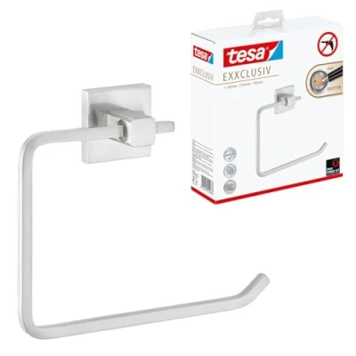 Image of tesa EXXCLUSIV Towel Ring Self Adhesive Hand in Stainless Steel Design Wall Mounted Holder waterproof, incl. Power.Kit Solution 156 mm x 185 45