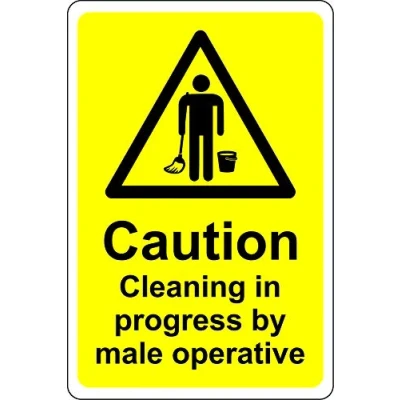 Image of Caution cleaning in progress by male operatives toilet Safety sign Self adhesive sticker 300mm x 200mm