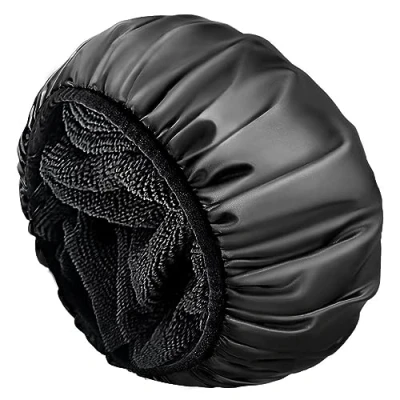 Image of Shower Caps for Women,Satin Hair Bonnet,Shower Cap Long Hair,Reusable,Extra Large,Double Layer Waterproof Bathing cap, Exterior,Hair All Lengths(Black)