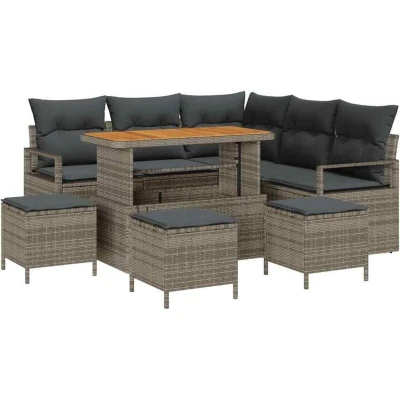 Image of vidaXL 9 Piece Garden Sofa Set with Cushions Grey Poly Rattan Acacia