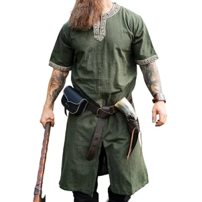 Image of Leonardo Carbone® Richard Short Sleeve Tunic Medieval Clothing Men, Shirt, Casual Shirts Sleeve, Carnival Costume Viking Tunic, LARP 100% Cotton, Green, 4XL