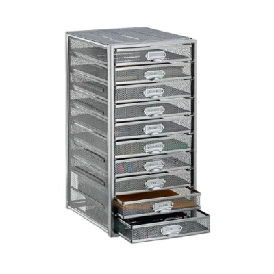 Image of Relaxdays Drawer Box 10 Drawers for DIN A4 Documents Organiser Desk Filing Tray Silver