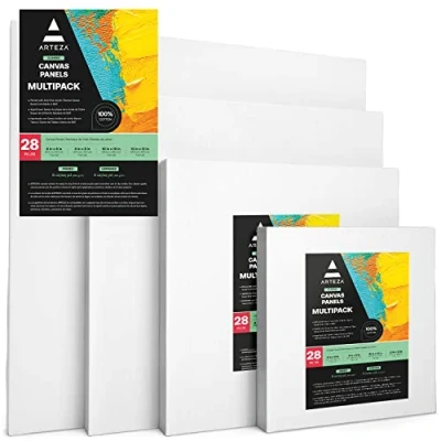 Image of Arteza Painting Canvas Panels Multi Pack, 15cm x 15cm, 20cm 20cm, 25cm 25cm, 30cm Set of 28, Primed White, 100% Cotton with Recycled Board Core, for Acrylic, Oil