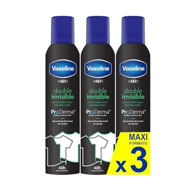 Image of Vaseline Double Invisible (Men) Pro Derma Antiperspirant Spray 250 ml 48h Sweat Protection and Long Lasting Freshness Pack of 3