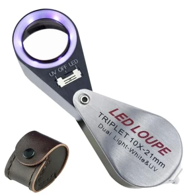 Image of Magnification Jewelers Eye Loupe Triplet Lens Magnifier Foldable Magnifying with UV Light for Gems, Jewelry, Coins, Stamps, etc (10x + &amp; White LED Light)