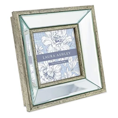 Image of Laura Ashley 4x4 Silver Beveled Mirror Picture Frame, Classic Mirrored Frame with Deep Slanted Angle, Wall Mountable, Made for Tabletop Display, Photo Gallery and Art, (4x4, Silver)