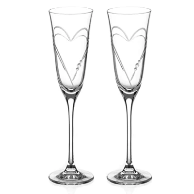 Image of DIAMANTE Swarovski Crystal Champagne Flutes Prosecco Glasses &#039;Beloved Hearts&#039; Hand Cut Romantic Design with Crystals
