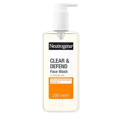 Image of Neutrogena Clear &amp; Defend Face Wash (1x 200ml), Oil Free Facial Cleanser for Spot Prone Skin, with Purifying 2% Salicylic Acid to Help Prevent Breakouts Smoother, Clearer Skin