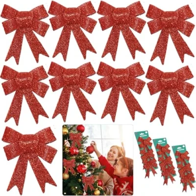 Image of SRV Hub 9PCs Christmas Small Glitter Bows, Luxury Bows for Tree Decor, Xmas Ornaments Home Party Size 11cm (Red)