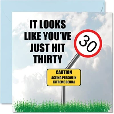 Image of Funny 30th Birthday Cards for Men Woman Just Hit Thirty Happy Card Son Daughter Brother Sister Friend Colleague Uncle Auntie, 145mm x Banter Joke Bday Greeting