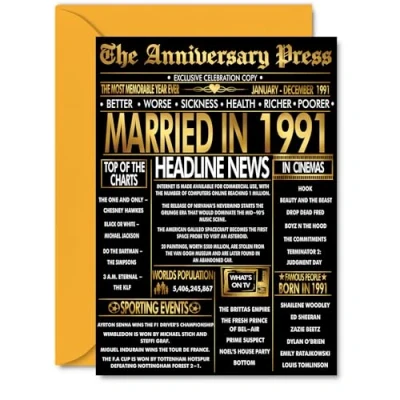 Image of Gold 34th Anniversary Card for Men Women Golden Newspaper Married in 1991 Happy 34 Year Wedding Wife Companion Husband Partner, A5 Anniversaries Greeting Cards