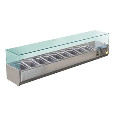Image of Polar Refrigeration G Series 230W Countertop Food Prep Fridge with Glass Surround, Stainless Steel, 2C to 8C, 435(H)x2000(W)x395(D)mm, Capacity: 9x 1/3 Gastronorm Pans (Sold Separately), GD878