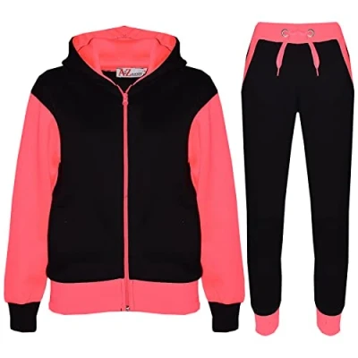 Image of A2Z 4 Kids Girls Boys Tracksuit Plain Camouflage Contrast Fleece Hooded Top with Bottom Joggers Suit T.S 101 Neon Pink 3 4.