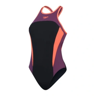 Image of Speedo Womens HIGH NECK Splice Cross BACK Swimsuit Swimsuit, Women&#039;s, Size: 34, Black/plum dandy/siren red