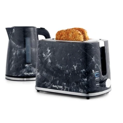 Image of Salter COMBO 9011CA Marble Kettle and 2 Slice Toaster Set 1.7 L Fast Boil With Removable Limescale Filter, Wide Toasting Slots, 7 Browning Levels, Crumb Tray, 3kW/900W, Black