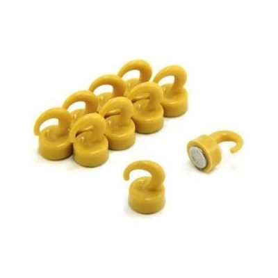 Image of Yellow Plastic Mini Magnetic Hooks for Fridge, Office, Whiteboard, Noticeboard, Filing Cabinet 12mm dia x 20mm tall 1kg Pull Pack of 10