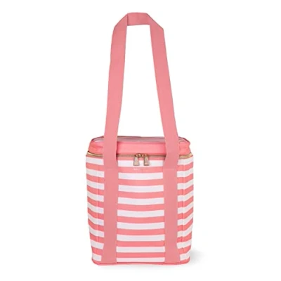 Image of Kate Spade New York Pink Wine Cooler Bag, Insulated Bag for Picnics, 4 Bottle Tote, Large Capacity Soft Cooler, Terrace Stripe