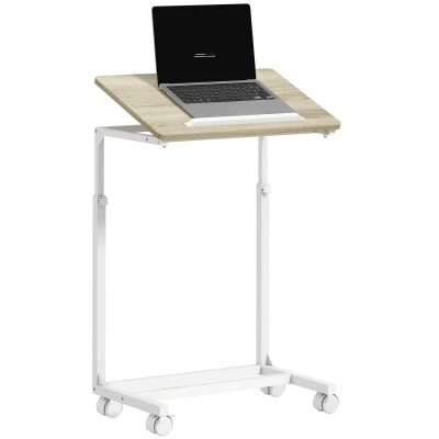 Image of HOMCOM C Shaped Sofa Side Table, Height Adjustable Overbed Table with Tilting Desktop, Mobile Laptop Desk for Living Room Bedroom, Oak and White