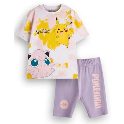 Image of Pokemon Girls T Shirt &amp; Shorts Set Kids Tie Dye Short Sleeve Graphic Tee Purple Cycling Complete Outfit Pikachu Jigglypuff Clothing Bundle Game TV Series Movie Merchandise Gift