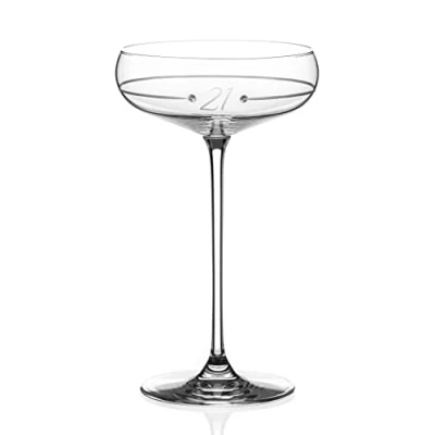 Image of DIAMANTE Swarovski 21st Birthday Ring Champagne Saucer Single Crystal Cocktail Coupe Glass with Hand Etched 21 and Crystals Gift Boxed