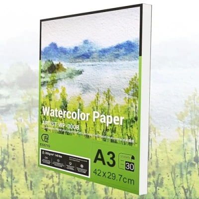 Image of ESENG® Premium Watercolour Paper DIN A3, 100% Cotton 30 x Sheets 300 GSM White, Pad, Painting Pad for Watercolour, Drawing,