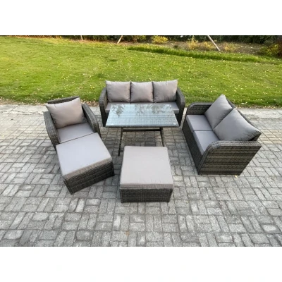 Image of Rattan Garden Furniture Dining Set 8 seater Patio Rectangular Table 2 Big Footstool Love Sofa Reclining Chair Dark Grey Mixed Fimous