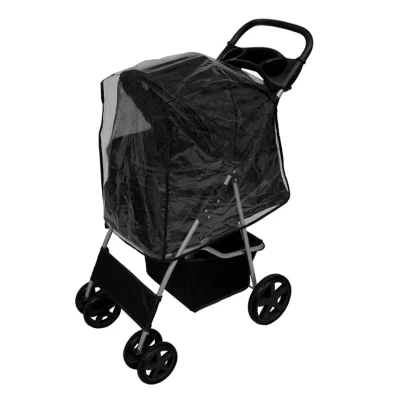Image of Pet Stroller Pushchair Black Carrier Foldable Trolley Travel Cart 15kg Capacity 4 Wheels Brakes Cat Dog Safety Snap Hook Leash Cushion Canopy Mesh Windows Basket Cup Holders FREE Waterproof Rain Cover