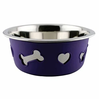 Image of WeatherBeeta Non Slip Stainless Steel Silicone Bone Dog Bowl, Dark Purple, 21cm