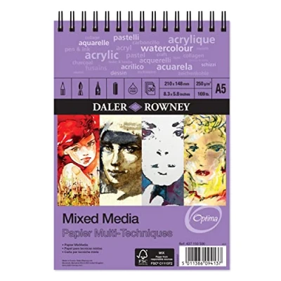 Image of Daler Rowney Optima Lightly Textured 250gsm A5 Mixed Media Paper Spiral Pad, 30 White Sheets, Ideal for Professional Artists &amp; Students