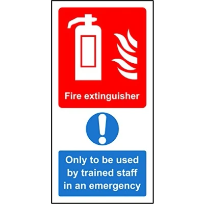 Image of Fire extinguisher only to be used by trained staff Safety sign Self adhesive sticker 200mm x 100mm