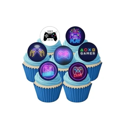 Image of 24 Precut 40mm Round Gaming Gamer Controller Edible Wafer Paper Cake Toppers