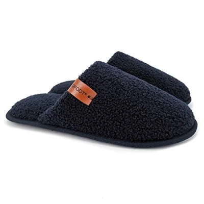 Image of ofoot Womens Warm Fuzzy House Slippers Mules Indoor Slip On Bedroom Shoes with Memory Foam Insole Non Skid Rubber Soles (Navy Blue, 8 9 UK)