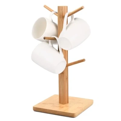 Image of Wooden Mug Tree Stand Set of 6 Cups Holder Rack Wood Cup Storage Organizer Display Kitchen with Anti Slip Weighted Base for Coffee Tea Mugs Cups… ​ (Square)