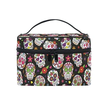 Image of Makeup Bag, Sugar Skull Funny Print Cosmetic Toiletry Storage Large Travel Handle Personalised Pouch with Compartments for Teenage Girl Women Lady