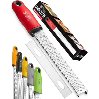 Image of ORBLUE PRO Citrus Zester &amp; Cheese Grater Versatile Kitchen Tool for Lemon, Parmesan, Ginger, Garlic Nutmeg Chocolate Fruits Veggies Razor Sharp Stainless Steel Blade with Protective Cover