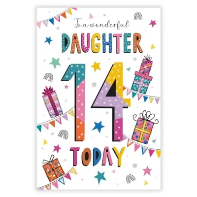 Image of Daughter 14th Birthday Card Age 14 Wonderful Contemporary Design Special Finishes and Illustrated Insert Leaf Made in the UK Eco Friendly