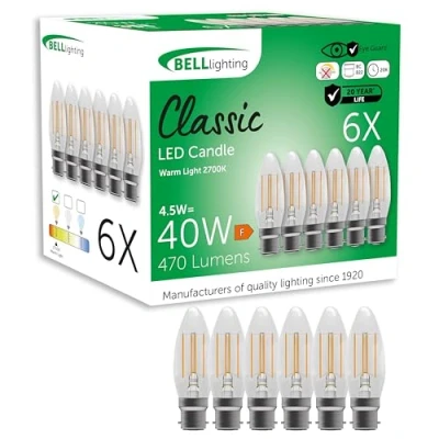 Image of Bell Lighting B22 Bayonet Filament Light Bulb LED Candle 6 Pack Warm White 2700K 470 Lumen 4.5 Watts Energy Saving 40W Halogen Lamp Equivalent Non Dimmable