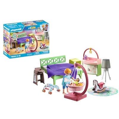 Image of Playmobil 71609 myLife: Sleeping room with baby play corner, and two figures, made from over 80% recycled bio based materials, detailed sets suitable for children ages 4+