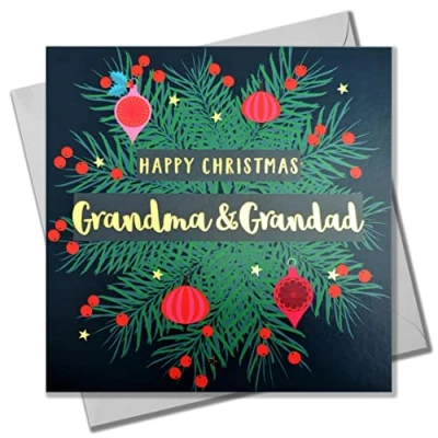 Image of Christmas Card, Grandma &amp; Grandad Wreath, text foiled in shiny gold
