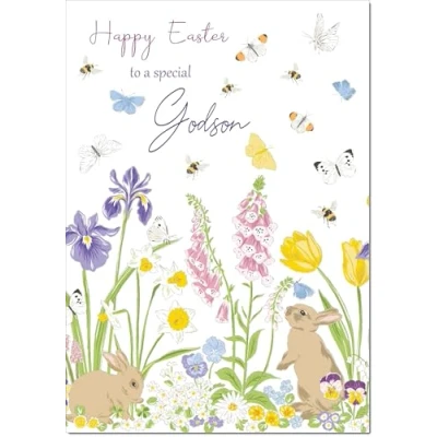 Image of doodlecards Godson Easter Card Spring Flowers with Bunnies Medium Size Plain Envelope