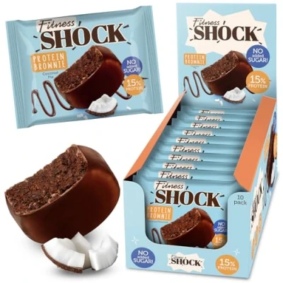 Image of Fitnesshock Chocolate Brownie without Added Sugar, 15% Protein, satiating dietary fibre, Soft Texture, 10 Pieces, 50g Coconut Flavour